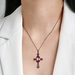 Black Cross Oval Red Zircon Silver Pendant
