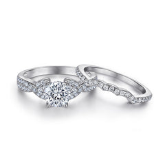 Round Zircon Interweave Modern Split Shank Silver Ring Set