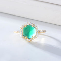 Natural Green Agate Hexagon Soleste Halo Sterling Silver Ring for Women