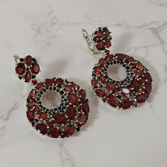 Natural Garnet Circle Silver Drop Earrings for Women