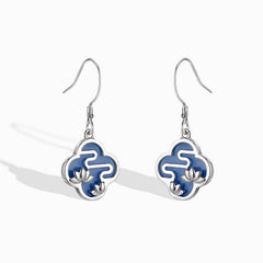 Lotus Pattern Blue Colour Silver Drop Earrings for Women