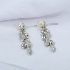 Freshwater Pearl Wheat Ear with Zircon Silver Drop Earrings for Women
