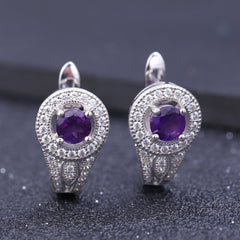 European Natural Amethyst Luxury Soleste Halo Round Cut Silver Studs Earrings for Women