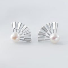 Frosting Folding Fan with Freshwater Pearl Silver Stud Earrings for Women