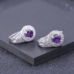 European Natural Amethyst Luxury Soleste Halo Round Cut Silver Studs Earrings for Women