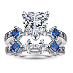 Heart-shaped Zircon with Square Blue Zircon Silver Ring Set for Women