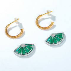Fan Shape Malachite Pendant C Shape Combination Sterling Silver Drop Earrings