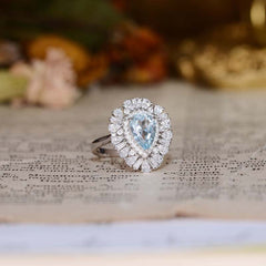 Luxury Halo Pear Drop Natural Blue Topaz Ring