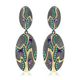 Italian Style Inlaid Natural Amethyst Tree Oval Shape Silver Drop Earrings for Women