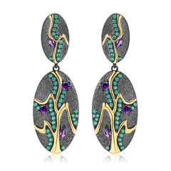 Italian Style Inlaid Natural Amethyst Tree Oval Shape Silver Drop Earrings for Women