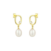 Irregular Hollow Oval with Freshwater Pearl Silver Drop Earrings for Women