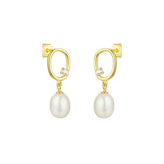 Irregular Hollow Oval with Freshwater Pearl Silver Drop Earrings for Women