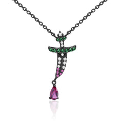 Dark Retro Element Style Inlaid Natural Colourful Gemstone Personality Pocket Knife Pendant Silver Necklace for Women