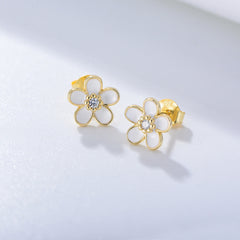White Flower with Zircon Silver Studs Earrings for Women
