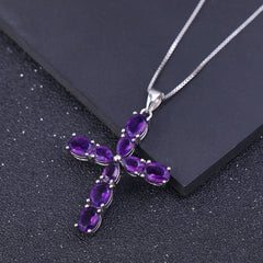 Europen Style Inlaid Natural Amethyst Cross Pendant Silver Necklace for Women