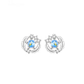 Blue Crystal Feather Circle Silver Studs Earrings for Women