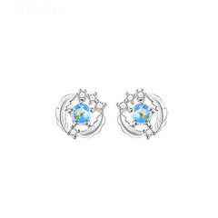 Blue Crystal Feather Circle Silver Studs Earrings for Women