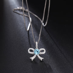 French Romantic Luxury Jewelry Design Inlaid Colourful Gemstone Bowknot Pendant Silver Necklace for Women
