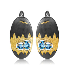 Italian Style Inlaid Natural Topaz Landscape Design Oval Shape Silver Studs Earrings for Women