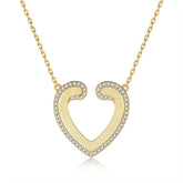 Golden Sandblasting Zircon Hollow Heart Pendant Sterling Silver Necklace