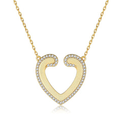 Golden Sandblasting Zircon Hollow Heart Pendant Sterling Silver Necklace