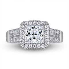 Princess Cut Zircon Soleste Halo with Modern Split Shank Silver Ring