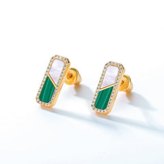 Mother of Pearl and Malachite Rectangle Sterling Silver Stud Earrings