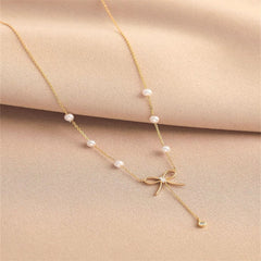 (Two Colours) White Zircon Bowknot with Beading Natural Pearl Pendants Collarbone Necklace for Women