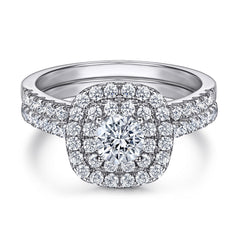 Round Zircon Double Square Soleste Halo with Half Eternity Silver Ring Set