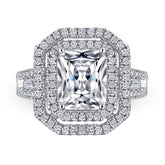 Rectangle Zircon Double Soleste Halo Silver Ring for