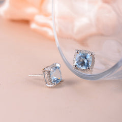 Soleste Halo Square Natural Blue Topaz Silver Stud Earrings