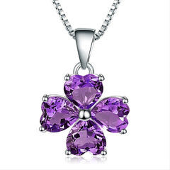 European Personality Fashion Design Inlaid Natural Colourful Gemstones Love Four-leaf Clover Pendant Silver Necklace for Women