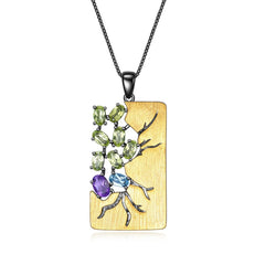 Italian Retro Jewelry Design Inlaid Natural Colourful Gemstone Branch Rectangle Pendant Silver Necklace for Women