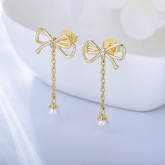Bowknot Tassel Pearl Silver Drop Earrings for Women
