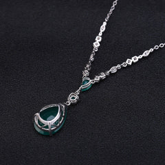 European Style Inlaid Natural Green Agate Three Prongs Pear Drop Pendants Silver Necklace for Women