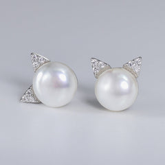 Freshwater Pearl Cat Head Silver Stud Earrings for Women