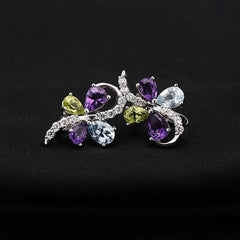 Personality Light Luxury Design Inlaid Natural Gemstones Premium Butterfly Shape Silver Studs Earrings for Women