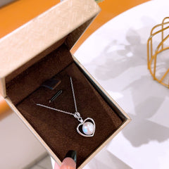 Hollow Heart with Round Pearl Pendant Silver Necklace for Women