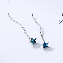 Blue Zircon Star Moon Asymmetric Ear Line Silver Drop Earrings for Women
