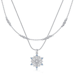 Blue and White Zircon Snowflake Pendant Double Stacked Sterling Silver Necklace