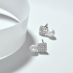 Full Zircon Square with Freshwater Pearl Silver Stud Earrings for Women