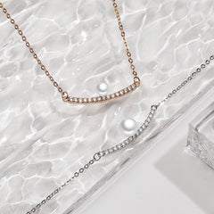Single Row Zircon with Pearl Pendant Silver Necklace for Women