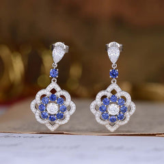 Lab-Created Sapphires Flower Silver Drop Earrings