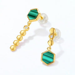 Hexagonal Green Malachite Honeycomb Asymmetrical Sterling Silver Earrings