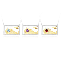 Fashion Design Inlaid Natural Colorful Gemstone Sunrise and Sunset Rectangle Pendant Silver Necklace for Women