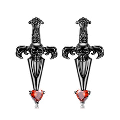 Halloween Skull Cross Sword Heart Shape Red Zircon Silver Stud Earrings