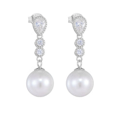Long Style Zircon Round Pearl Sterling Silver Drop Earrings