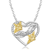 Feather and Golden Flowers Heart Shape Pendant Silver Necklace