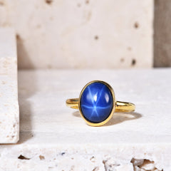 Luxury Six Ray Star Gold Colour Inlaid Red and Sapphire Oval Shape Jewelry Silver Ring for Women