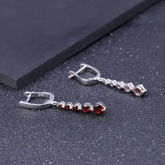 European Natural Garnet Long Beading Sterling Silver Drop Earrings for Women